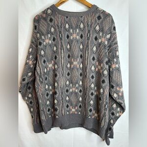 Jantzen Vintage Geometric Knit Sweater in Gray Cream and Corral Pink Size Large